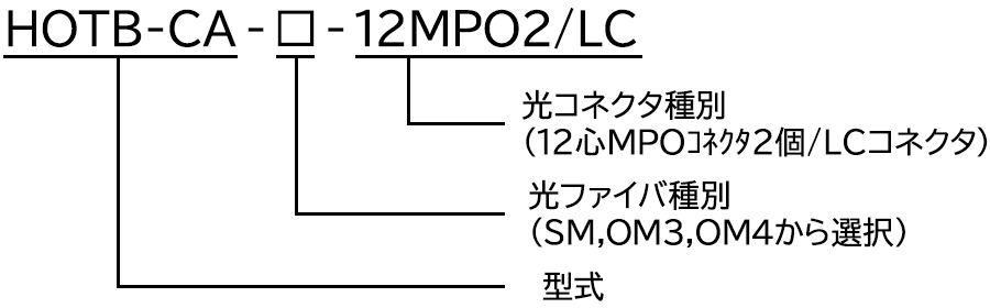 HOTB-CA(型式)-□(光ファイバ種別(SM,OM3,OM4から選択))-12MPO2/LC(光コネクタ種別(12心MPOコネクタ2個/LCコネクタ))