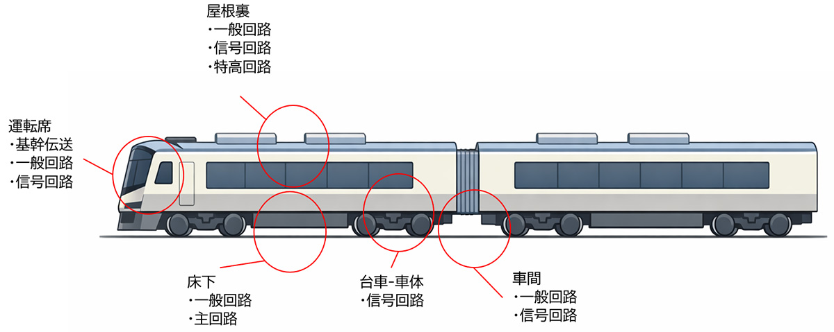 運転席:基幹伝送、一般回路、信号回路 / 屋根裏:一般回路、信号回路、特高回路 / 床下:一般回路、主回路 / 台車-車体:信号回路 / 車間:一般回路、信号回路